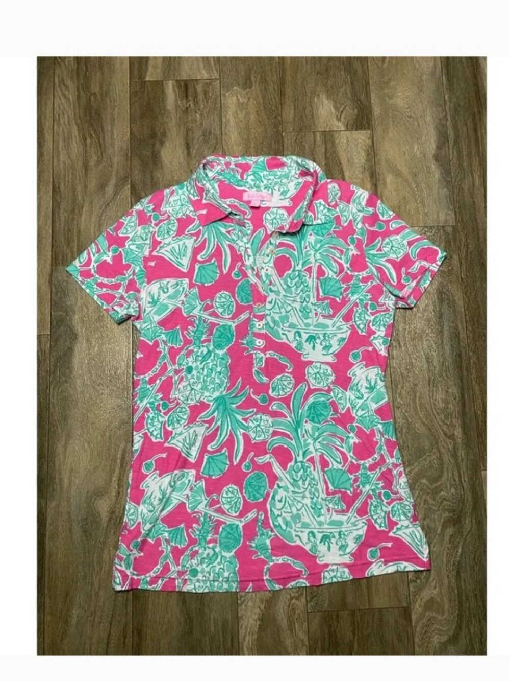 Lilly Pulitzer Pink Green Pineapple Tropical Drink Shell Polo Top Tee Shirt